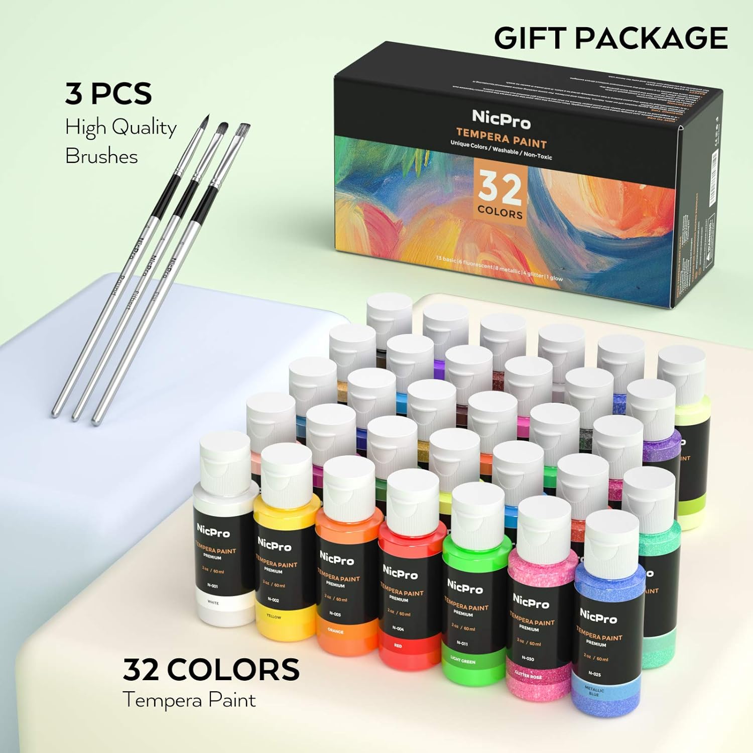 Nicpro Tempera Washable Paint for Kid & Toddler, 32 Colors (2 oz/Tube) Liquid Finger Paint Kit with 3 Brushes Non Toxic for Hand, Poster, Paper, Canvas, Sponge Painting & Art Craft DIY Projects: Home Improvement