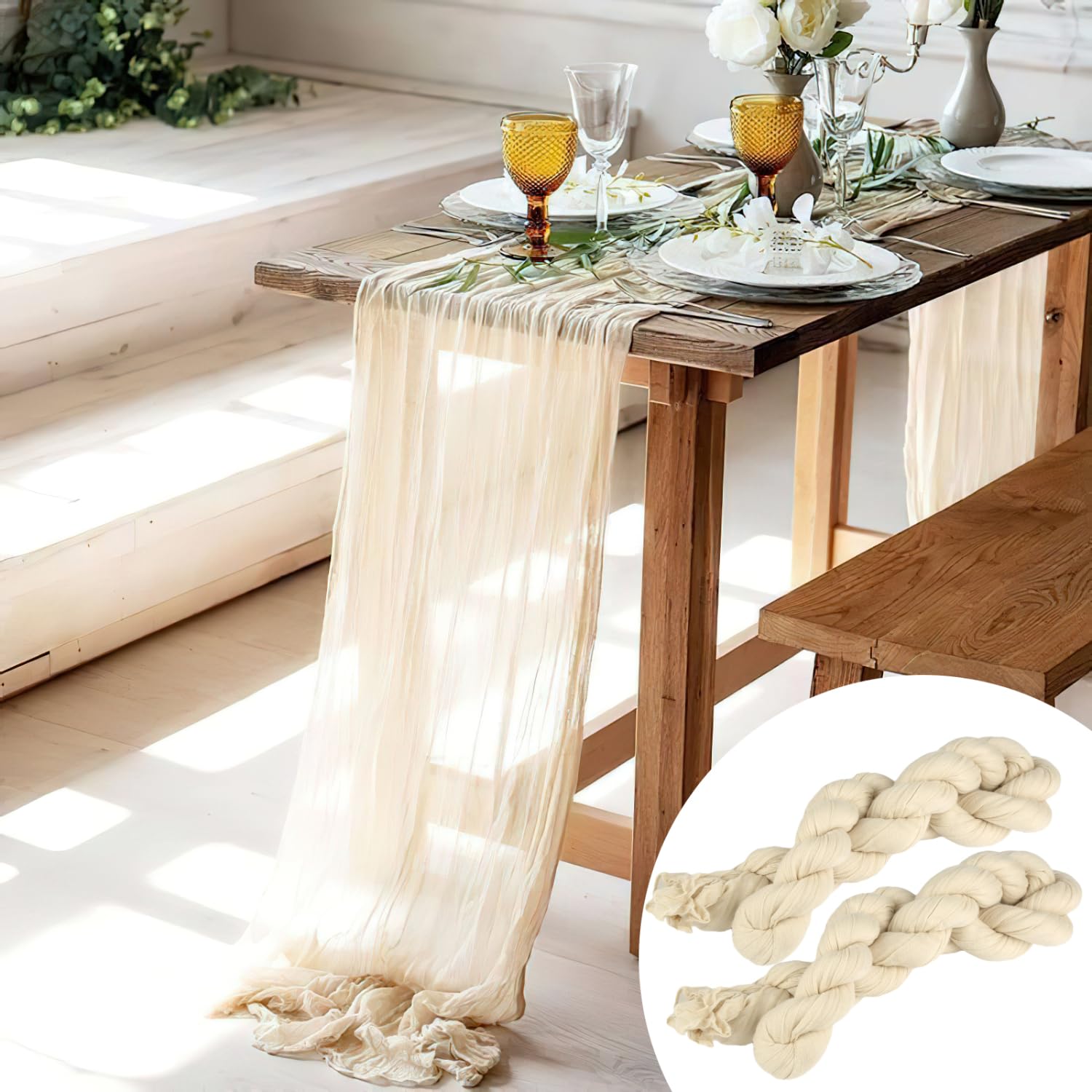 HDHGXUJRD Bohemian Polyester Table Runner, 90 x 400 cm, Beige Boho, for Wedding Decoration