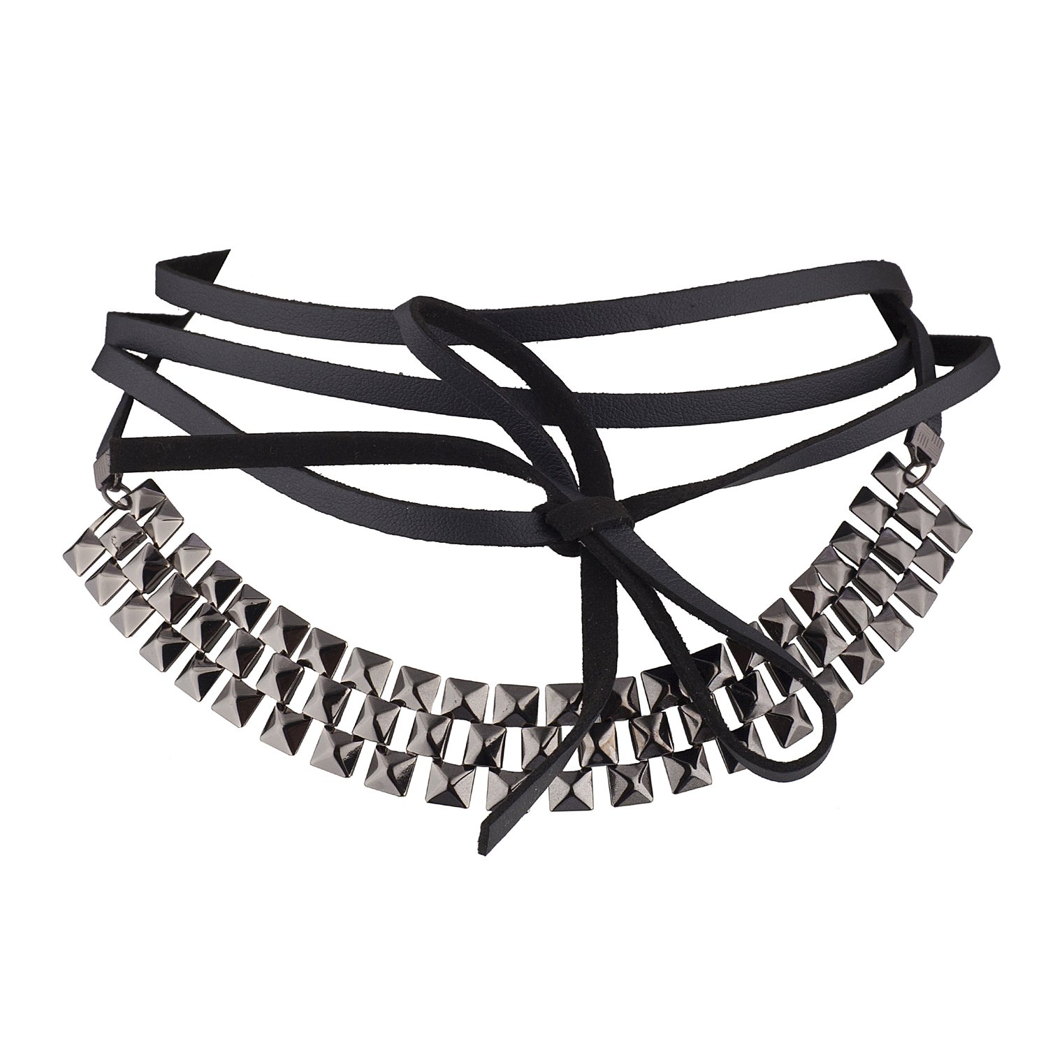 Lux Accessories Hematite Tone Textured Multi Stud Row Faux Pu Wrap Choker