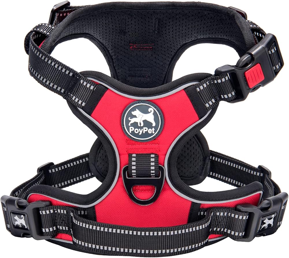PoyPet No Pull Dog Harness Reflective Front Chest Clip 4 Adjustable Straps Red L