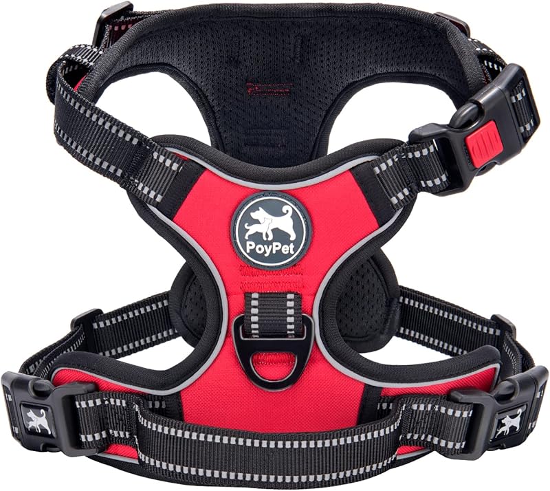 PoyPet No Pull Dog Harness Reflective Front Chest Clip 4 Adjustable Straps Red L