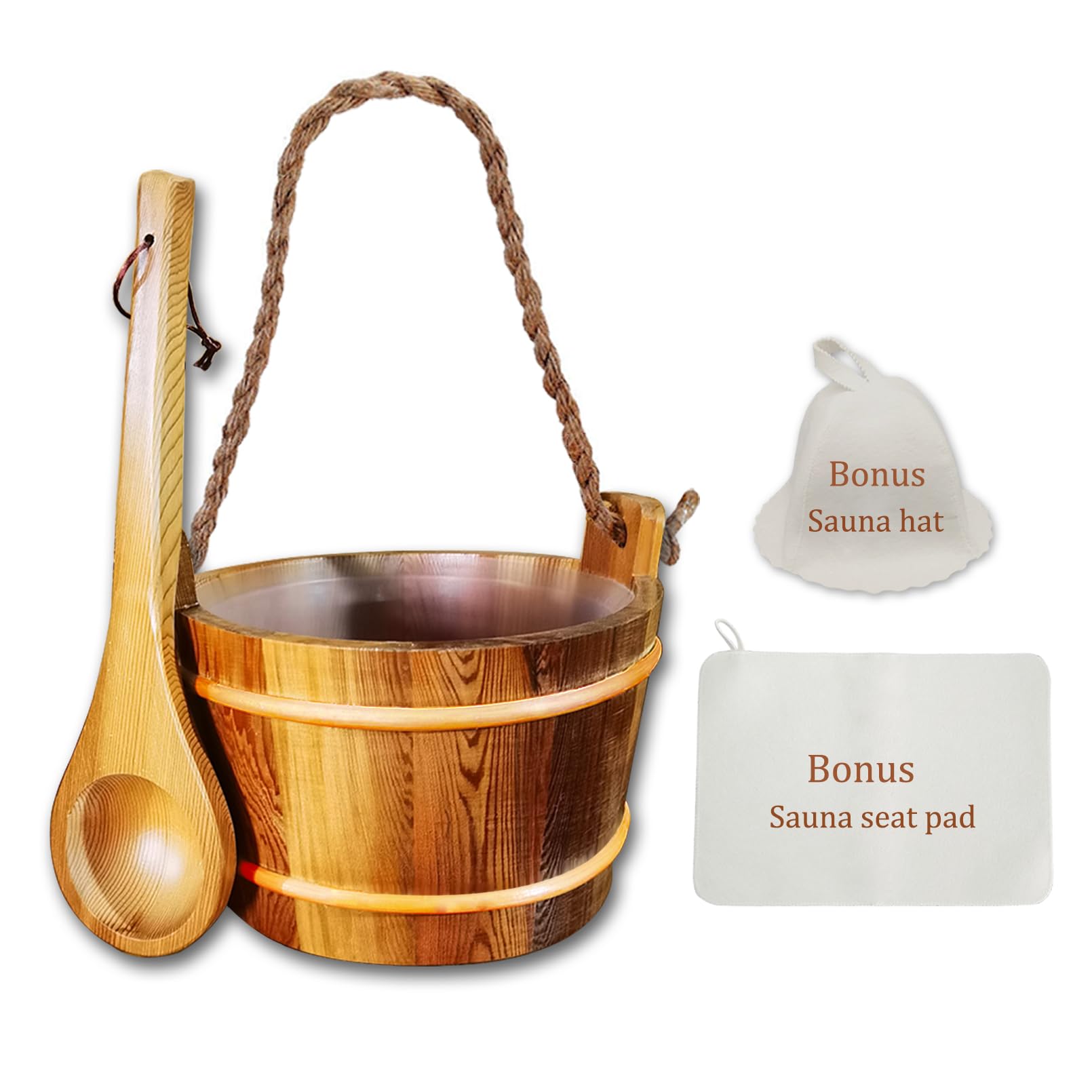 Photo 1 of Red Cedar Large Sauna Bucket with Ladle, with Sauna Hat and Seat Pad, Sauna Wooden Water Bucket 6L (1.6 Gallons) with Plastic Liner for Sauna Room Sauna Heater Sauna Accessory