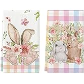 Artoid Mode Colorful Buffalo Plaid Bunny Rabbit Flower Easter Kitchen Towels Dish Towels, 18x26 Inch Seasonal Decoration Hand Towels Set of 2