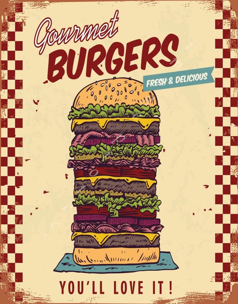 Heavy Duty Metal Tin Sign Aluminum Signs 12x16,Fresh Delicious Burgers American Diner Large Poster Food Kitchen,Tin Sign Aluminum Metal Signs Wall Retro Metal Bar Pub Metal