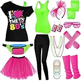 80s Outfit Women Costume Accessories Set, T-Shirt Tank Top Leggings Tutu Skirt Fanny Pack for Halloween, 80s Neon Party