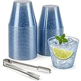 100 Blue Glitter Plastic Cups and 1 Silver Ice Tong Set - 9 Ounce Disposable Cocktail Glasses - Plastic Wine Cups - Blue Party Decorations - Wedding Party Supplies