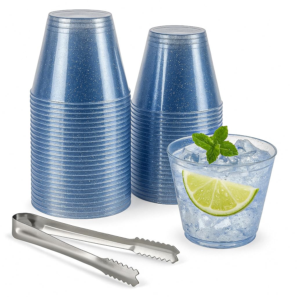 Photo 1 of 100 Blue Glitter Plastic Cups and 1 Silver Ice Tong Set - 9 Ounce Disposable Cocktail Glasses - Plastic Wine Cups - Blue Party Decorations - Wedding Party Supplies