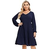 ShopWonder Women's Plus Size Casual Tunic Mini Dress Lantern Sleeve Ruffle Hem V Neck Loose Swing Fall Dresses Plus Size
