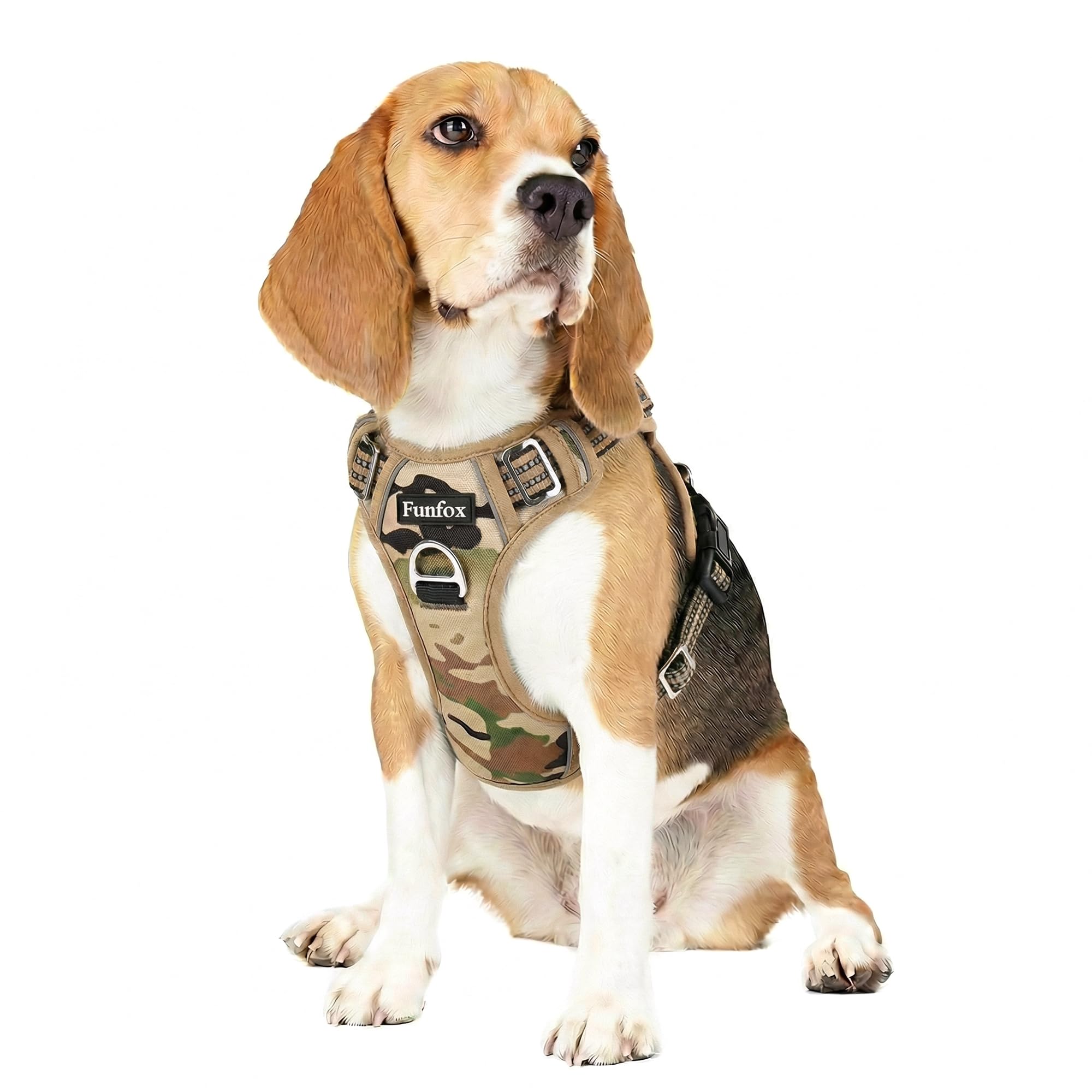 Funfox Dog Harness Medium, No Pull Harness with Front Clip & Vertical Handle, Adjustable Anti Pull Padded Pet Vest, Reflective Night Walking Size for Small Medium Large Breed, Camo Brown M