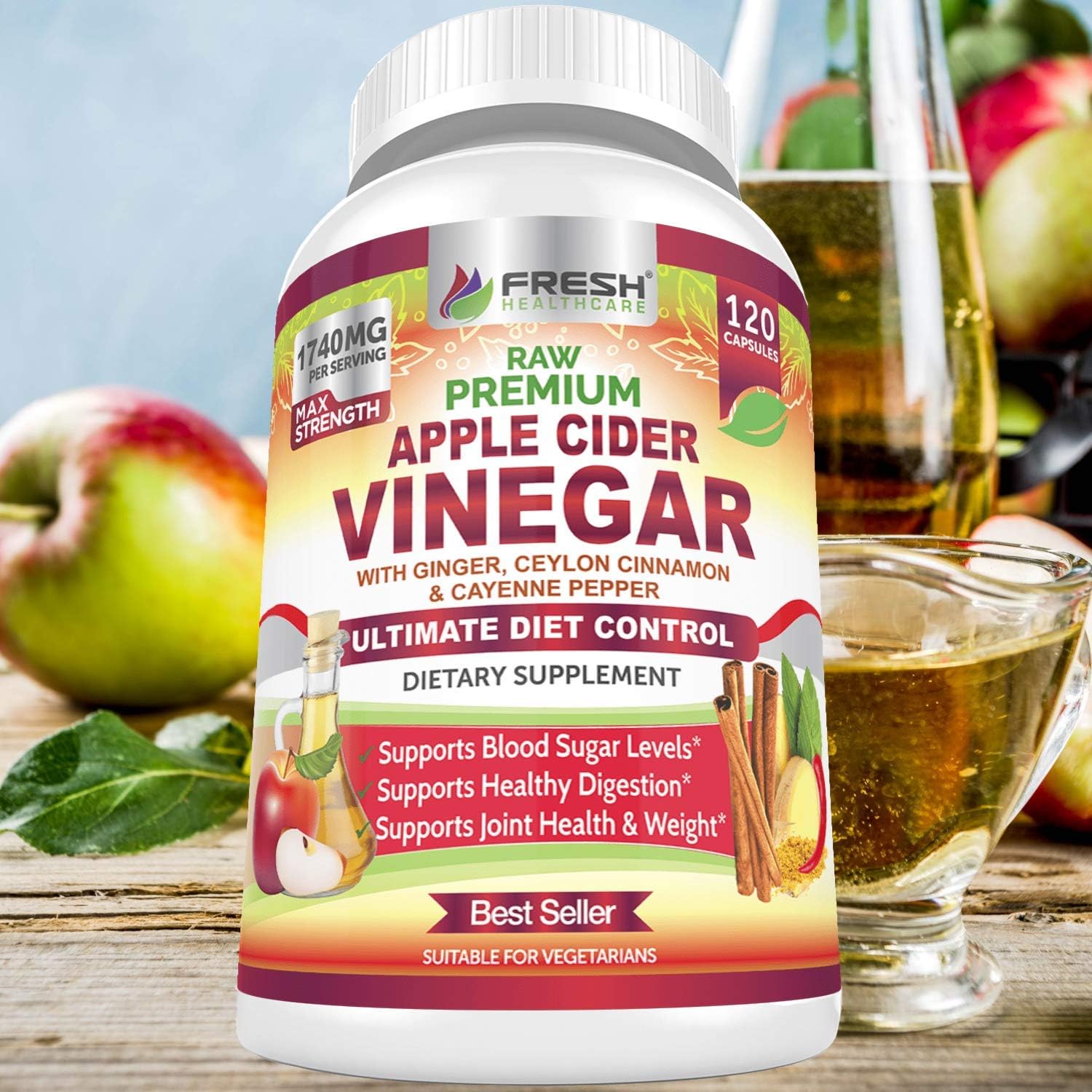 Premium Apple Cider Vinegar Pills Max 1740mg with Mother - 100% Natural & Raw with Cinnamon, Ginger & Cayenne Pepper - Ideal for Healthy Blood Sugar, Detox & Digestion-120 Vegan Capsules: Health & Personal Care