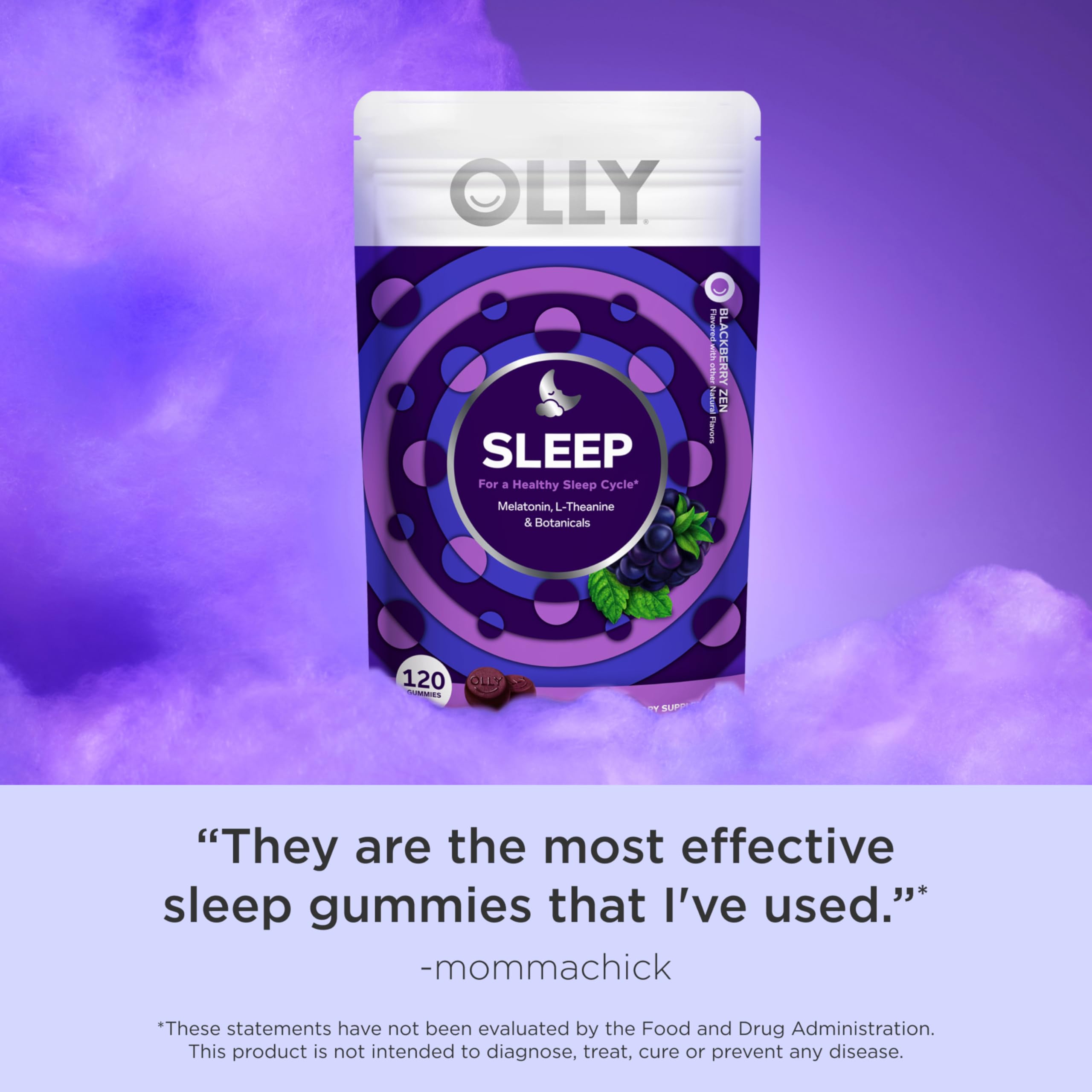 Olly Sleep Gummy, 3 mg Melatonin, L-Theanine, Chamomile, and Lemon Balm Extracts, BlackBerry Flavor, 60 Day Supply - 120 Count
