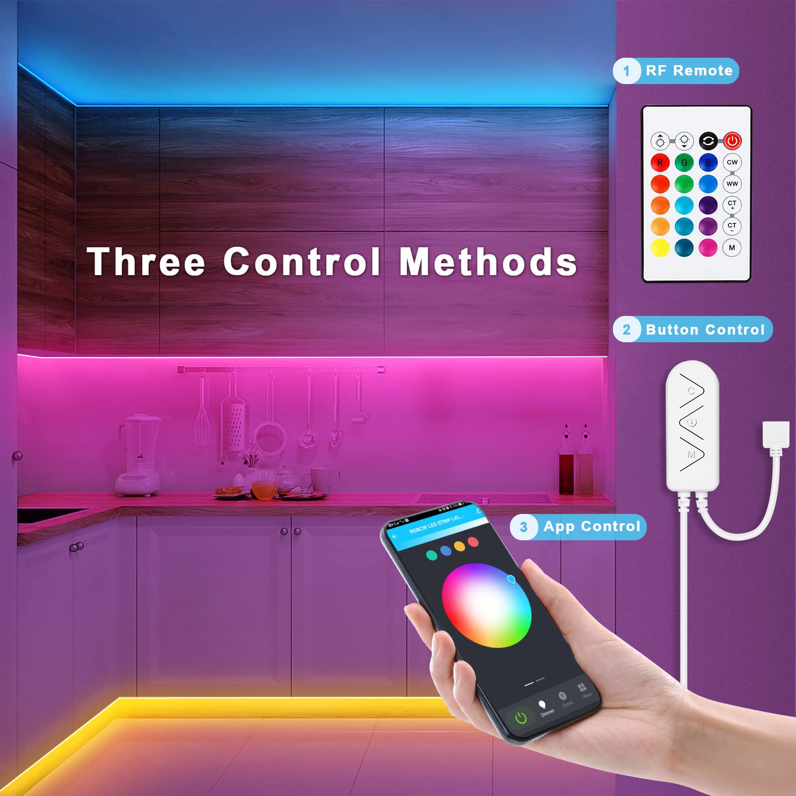 RGBWW Bluetooth LED Strip Lights, 32.8ft Tunable White 3000K to 6500K+RGB Led Light Strips, Music Sync Color Changing Indoor LED Rope Lights with App and Remote for Kitchen, Bedroom, TV