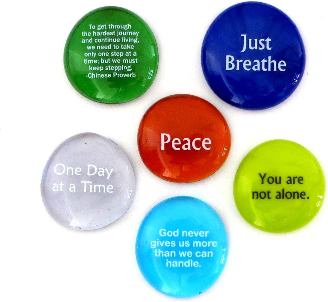 Lifeforce GlassComfort Stones, Encouraging and Comforting Sayings Imprinted on Translucent and Opaque Glass Stones, for Anyone Facing a Challenge. Set of Six in Gift Box