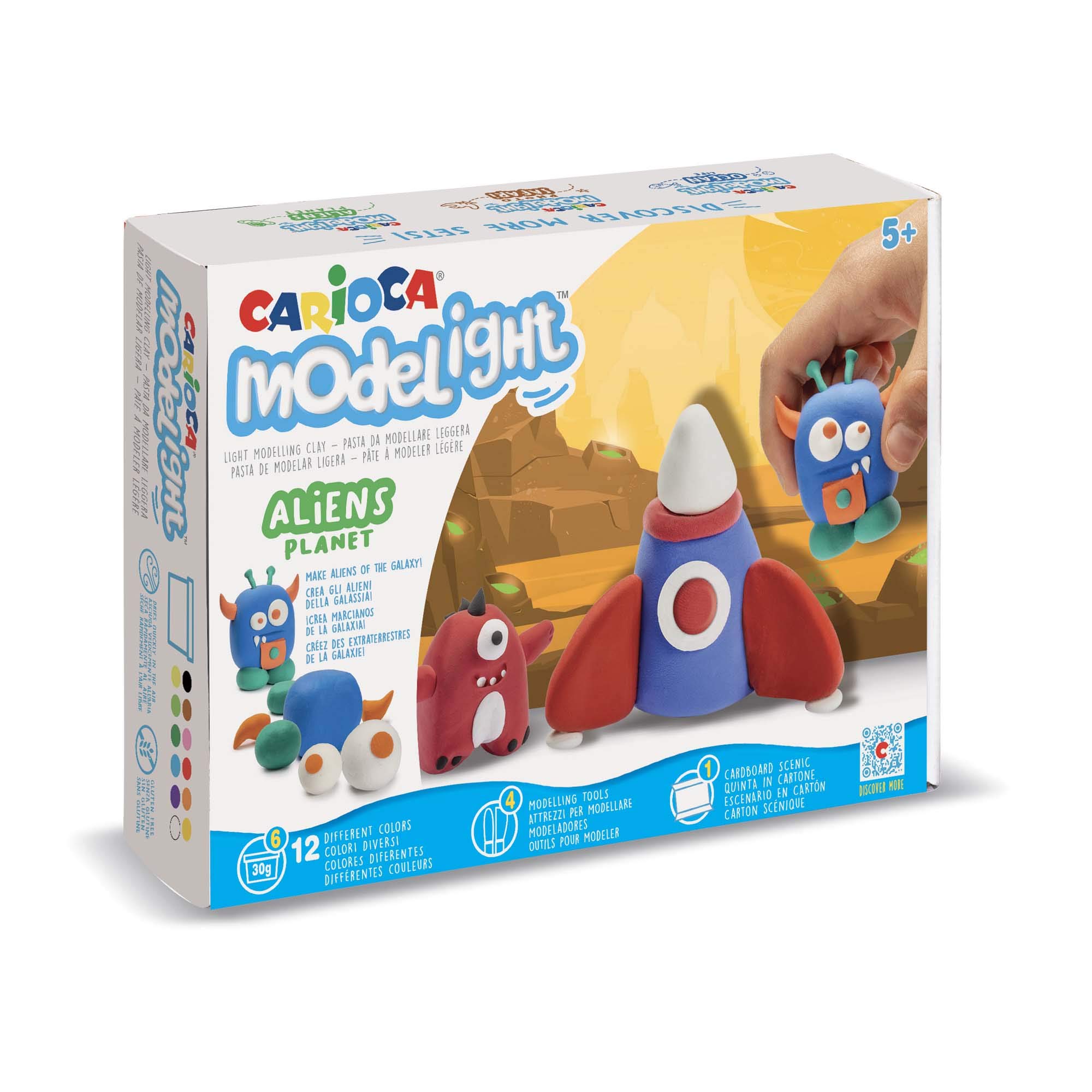 Carioca Modelight Maxi Aliens | Ultra-Light Modelling Clay for Kids, Maxi Play Dough Box of Soft and Elastic Air Dry Clay 5+ Years, 12 Assorted Colours, Modelling Tools and Tutorials Included, 180 g