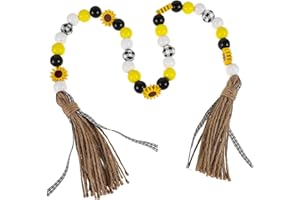 Luxshiny Beaded Tassel Garland with Sunflower Pattern and Natural Wood Beads for Farmhouse Wall or Tree