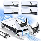 Tokluck PS5 Slim/Pro Horizontal Cooling Stand for Disc & Digital, Dual Controller Charger with 3-Level Cooling Fan, PS5 Stand for Pro & Slim Console (NOT Fit 2020 Regular Version)