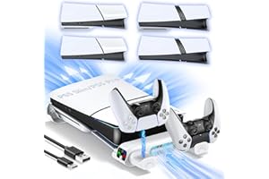 Tokluck PS5 Slim/Pro Horizontal Cooling Stand for Disc & Digital, Dual Controller Charger with 3-Level Cooling Fan, PS5 Stand for Pro & Slim Console (NOT Fit 2020 Regular Version)