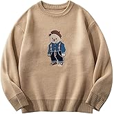 SHENHE Men's Oversized Crew Neck Cute Bear Sweater Vintage Unisex Preppy Graphic Sweater Jumper Khaki Mdeium