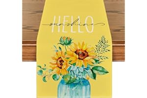 Artoid Mode Yellow Hello Sunshine Sunflower Summer Table Runner, Spring Seasonal Anniversary Holiday Kitchen Dining Table Decoration for Indoor Outdoor Home Party Decor 13 x 72 Inch