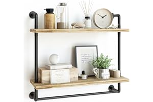 Fixwal 2 Tier Over The Toilet Storage, 24in Bathroom Shelves Wall Mounted, Rustic Wood Industrial Pipe Shelf, Floating Shelf Wall Decor for Bathroom, Living Room, Kitchen, Bedroom (Carbonized Black)
