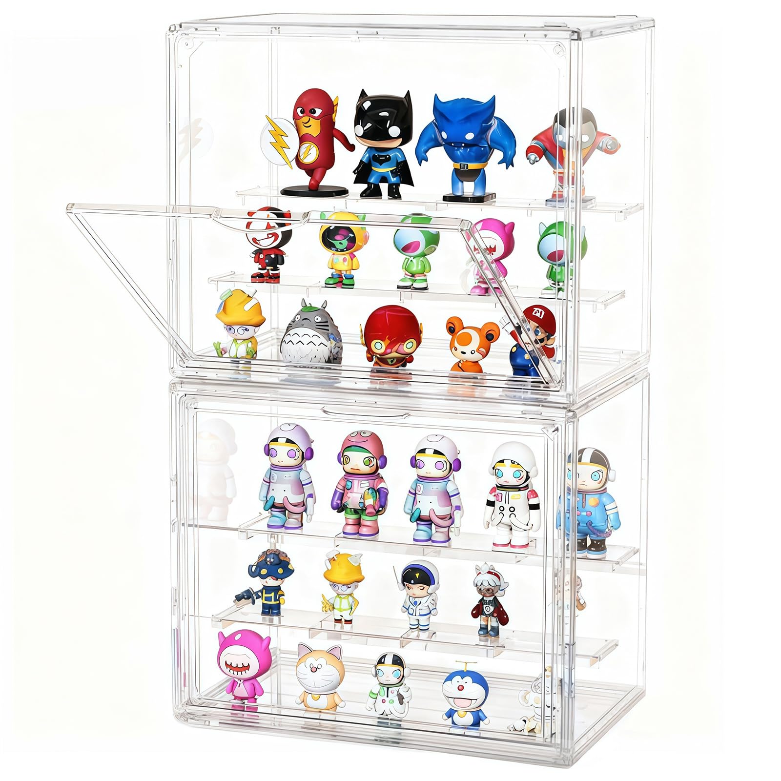 Photo 1 of 2 Pack Clear Display Case for Collectibles 3 Layer Adjustable Acrylic Display Box Stand with Magnetic Door Stackable Doll Storage Box Assembly Dustproof Protection Showcase for Figures