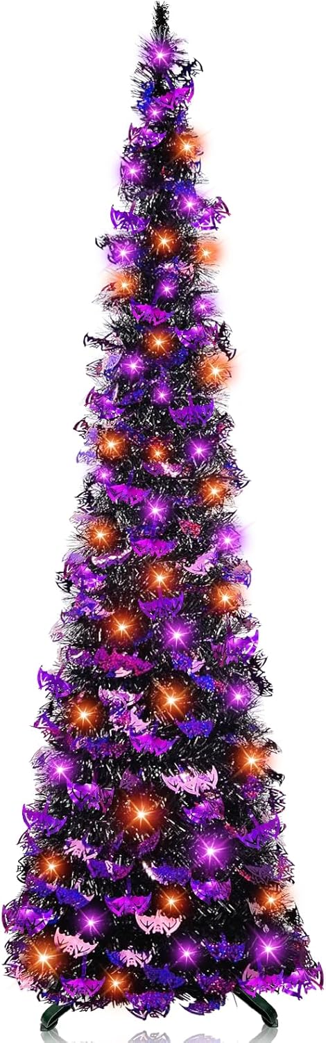 Trees - 6 Ft 60 LED Tinsel Halloween Tree Decor with Orange & Purple Lights Timer Black Tinsel Christmas Tree Bats Battery Operated Pop Up Artificial Tree Indoor Outdoor Halloween Decorations Home Party