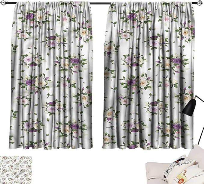 Navy Blue Curtains Rose,Lisianthus Flowers Baroque 84"x96",with Grid