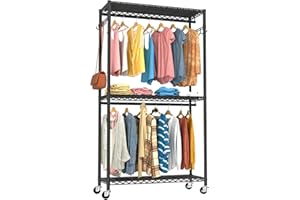 VyGrow Clothes Rack, Clothing Racks for Hanging Clothes, 3 Tiers Adjustable Garment Rack with Wheels | Double Rods | Side Hoo