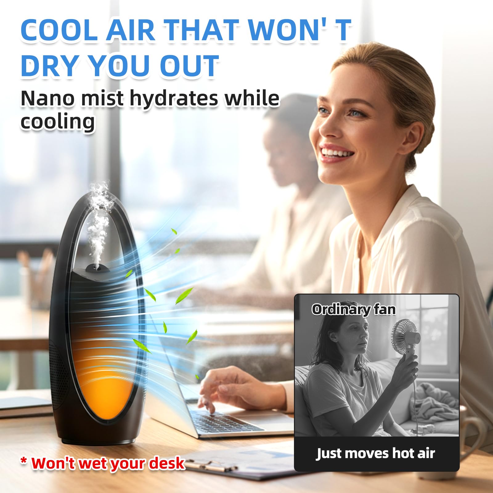 Condition photo showing New/Like New for irrshe bladeless cooling fan with nano cool mist for sleep & hot days, 13-inch rechargeable quiet de