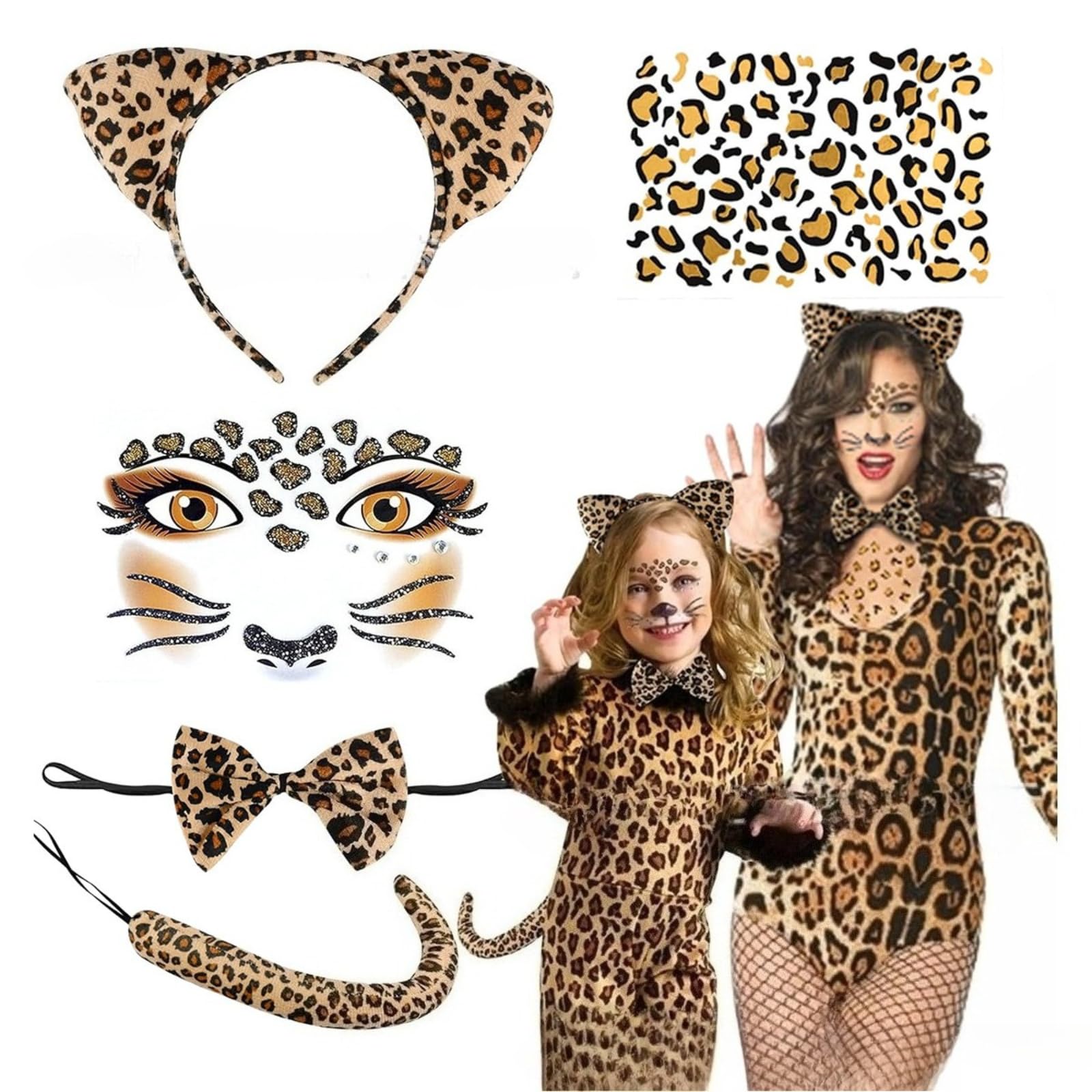 Leopard print costume set, leopard print ears, includes ear headband, bow tie, tail and 2 leopard print temporary tattoo stickers, perfect for Halloween cosplay and carnival party decorations (5pcs)