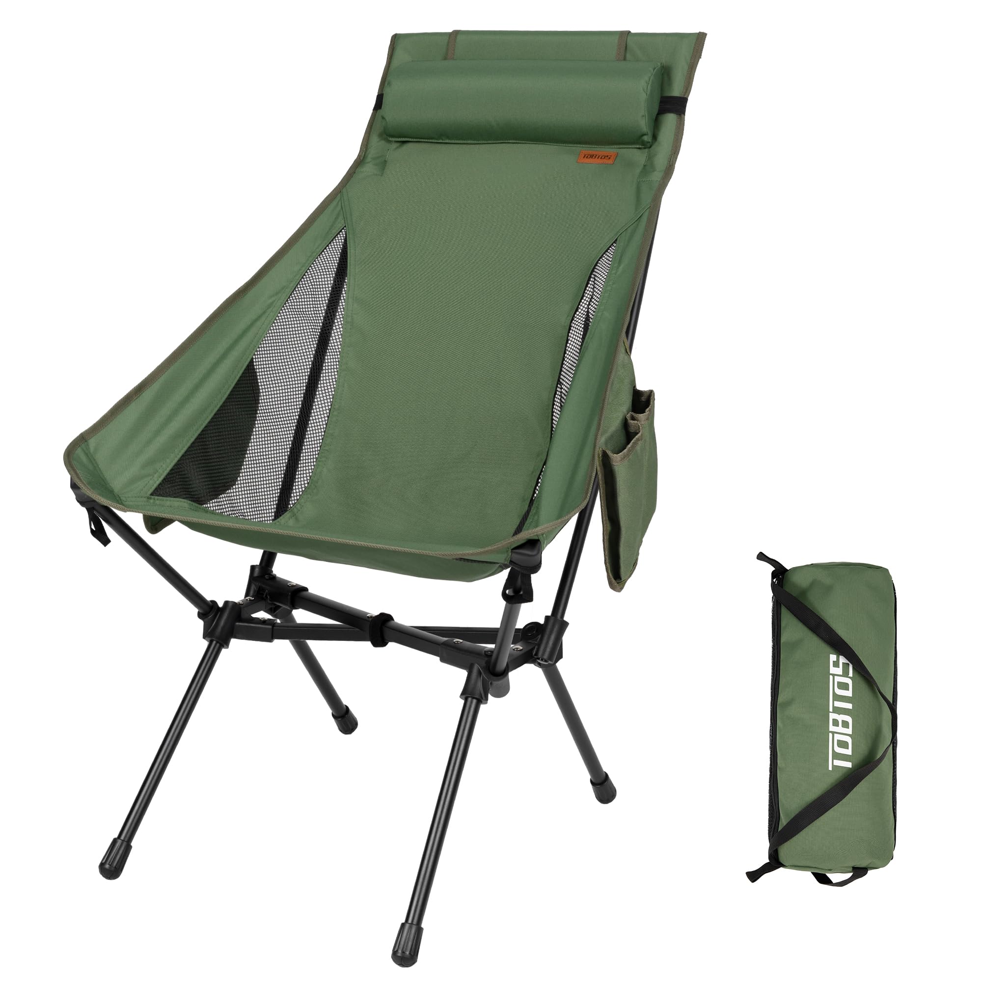 Photo 1 of TOBTOS Portable High Back Camping Chair, Support Heavy Duty 440 lbs, Compact Folding Chair with Detachable Pillow for Camp, Hiking, Backpacking (Green)