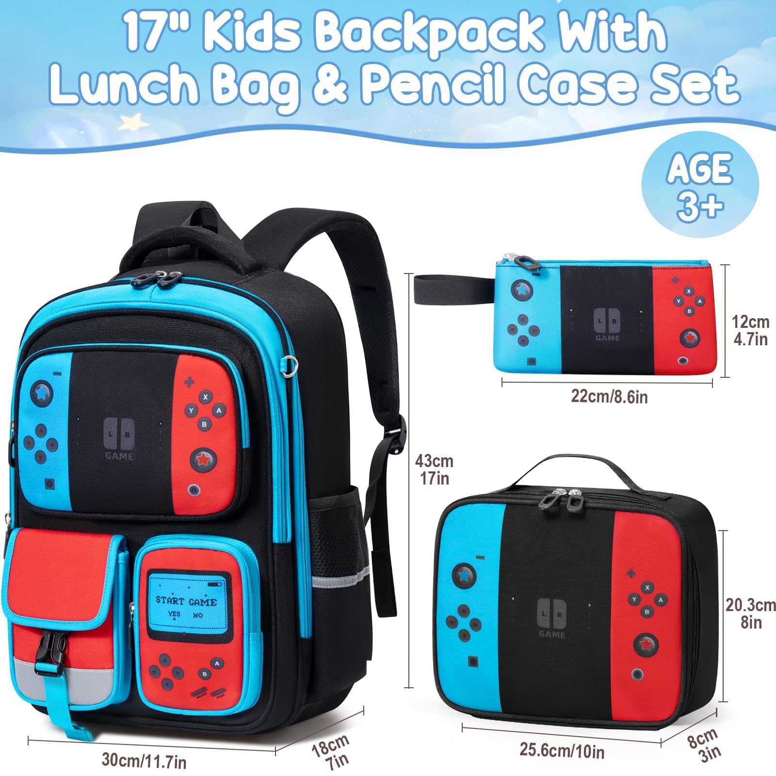 Fimibuke Kids Backpack for School Boys, 3 PCS Gamer Teen Boys Backpack with Lunch Box & Pencil Case, Gaming Bookbag for Kid Children Student Kindergarten Elementary Middle High School Travel Backpacks