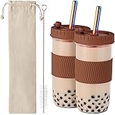 Amyoole 2 Pack Reusable Boba Cup,24Oz Wide Mouth Smoothie Cup,mason Jar Glass Cups with Lids and Straws,Bubble/Boba Tea Cups,Ice Coffee Tumbler 2 colored straws 1 sponge brush(Brown)
