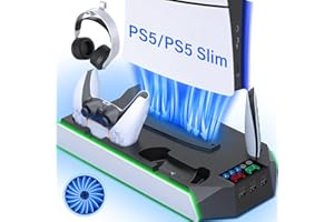JAVRUNWOF PS5 / PS5 Slim Cooling Station with Controller Charging Station - LED Light Cooling Stand for PlayStation 5 Slim Disc/Digital Console, Accessories Incl RGB Light/Cooler Fan/3 USB Hubs/Headset Holder
