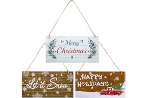 JETEC 3 Pieces Christmas Sign Merry Christmas Decoration Let It Snow Sign Wood Hanging Ornament Happy Holidays Wall Decor with Rope for Home Window Wall Farmhouse Indoor Outdoor