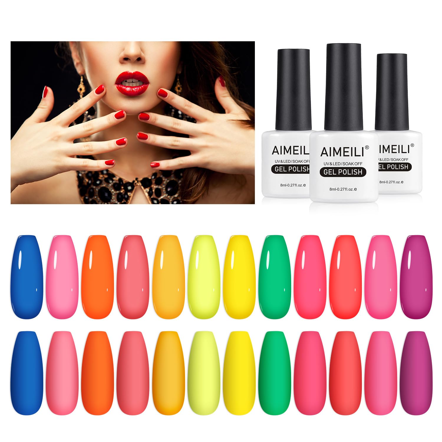 AIMEILI Neon Gel Nail Polish Set, 8ml 12 Colours Spring Summer Pink Red Orange Green Blue Purple Gel Polish Soak Off UV LED Gel Nail Polishes Nail Art Gel Polish Gift Kit 24