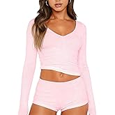 Dressmine Sexy Pajamas Set for Women Spring Pj Lounge Sets 2 Piece Cute Sleepwear Long Sleeve V Neck Y2K Tops Shorts