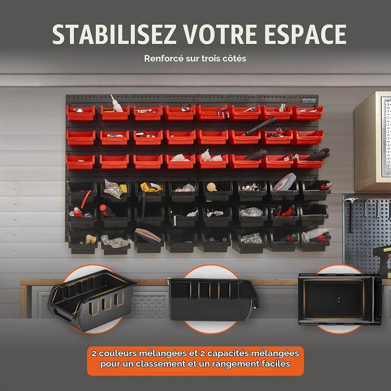 Étagère Bac à Bec Plastique, 48 Boites Rangement Empilables Atelier Garage avec Panneaux Muraux, Organisateur Outils pour Écrous, Boulons, Vis, Clous, Perles, Boutons, Petites Pièces, Noir/Rouge