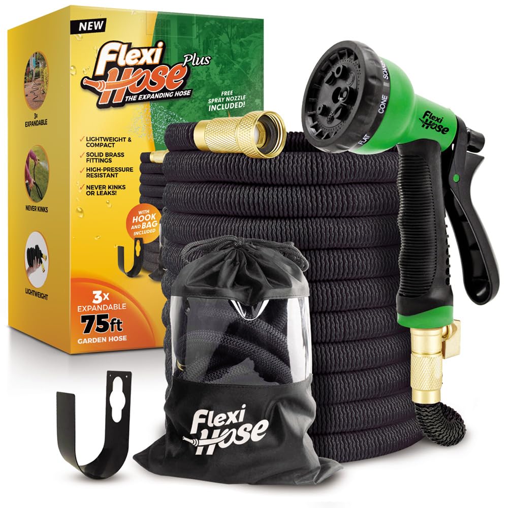 Photo 1 of Flexi Hose PLUS with 8 Function Nozzle Expandable Garden Hose, Lightweight & No-Kink Flexible Garden Hose, 3/4 inch Solid Brass Fittings and Double Latex Core, 75 ft Black