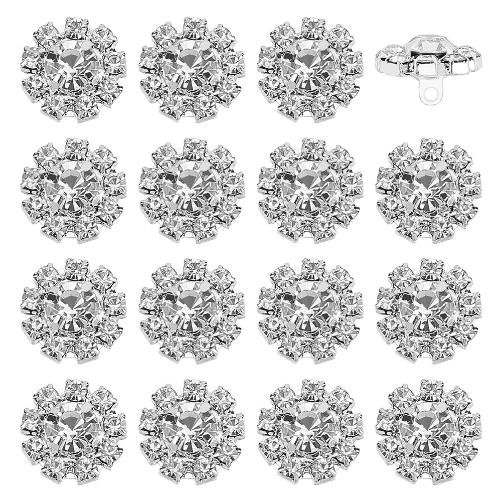 FINGERINSPIRE 16PCS Rhinestone Buttons - 12mm Clear Crystal Round Buttons with Silver Brass Shank for Garment Decor