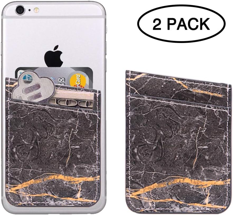 Cell Phone Stick On Wallet, 2-Pack ClarksZone Marble Credit Card Holder Pocket PU Leather for Most Smartphones(iPad/iPhone/Galaxy/LG/Google/Huawei), Black