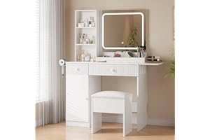 Small Vanity Desk with Mirror & Lights, Pink Makeup Vanity with Charging Station & Storage Chair, Dressing Table Set with Dra