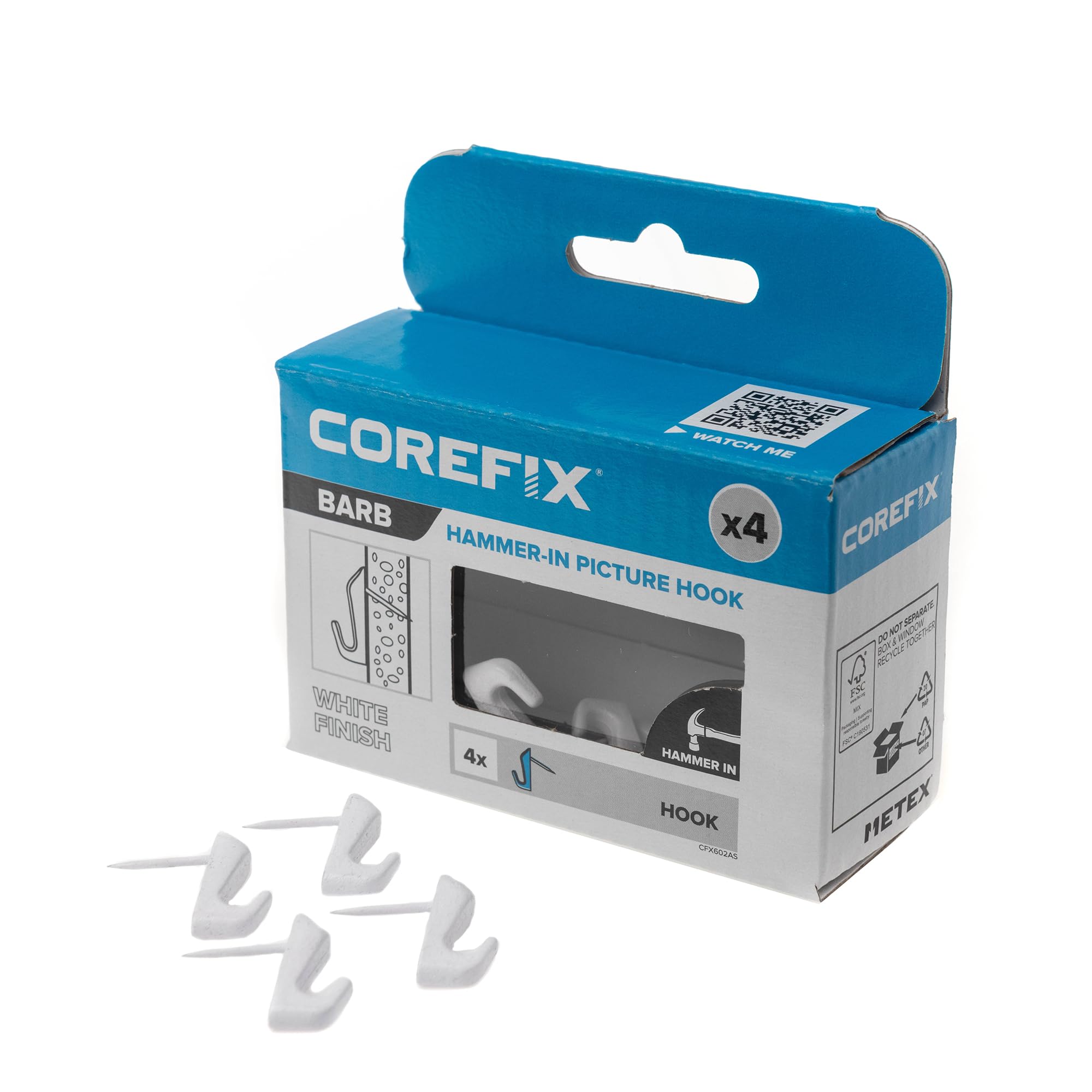 Corefix Barb Wall Hook 4 Pack Universal Hammer-In Picture Hooks, Wall Hooks for Hanging Frames, Mirrors or Canvas into Plasterboard or Wood. Removable and Reusable Hook With Neat Modern Finish (White)