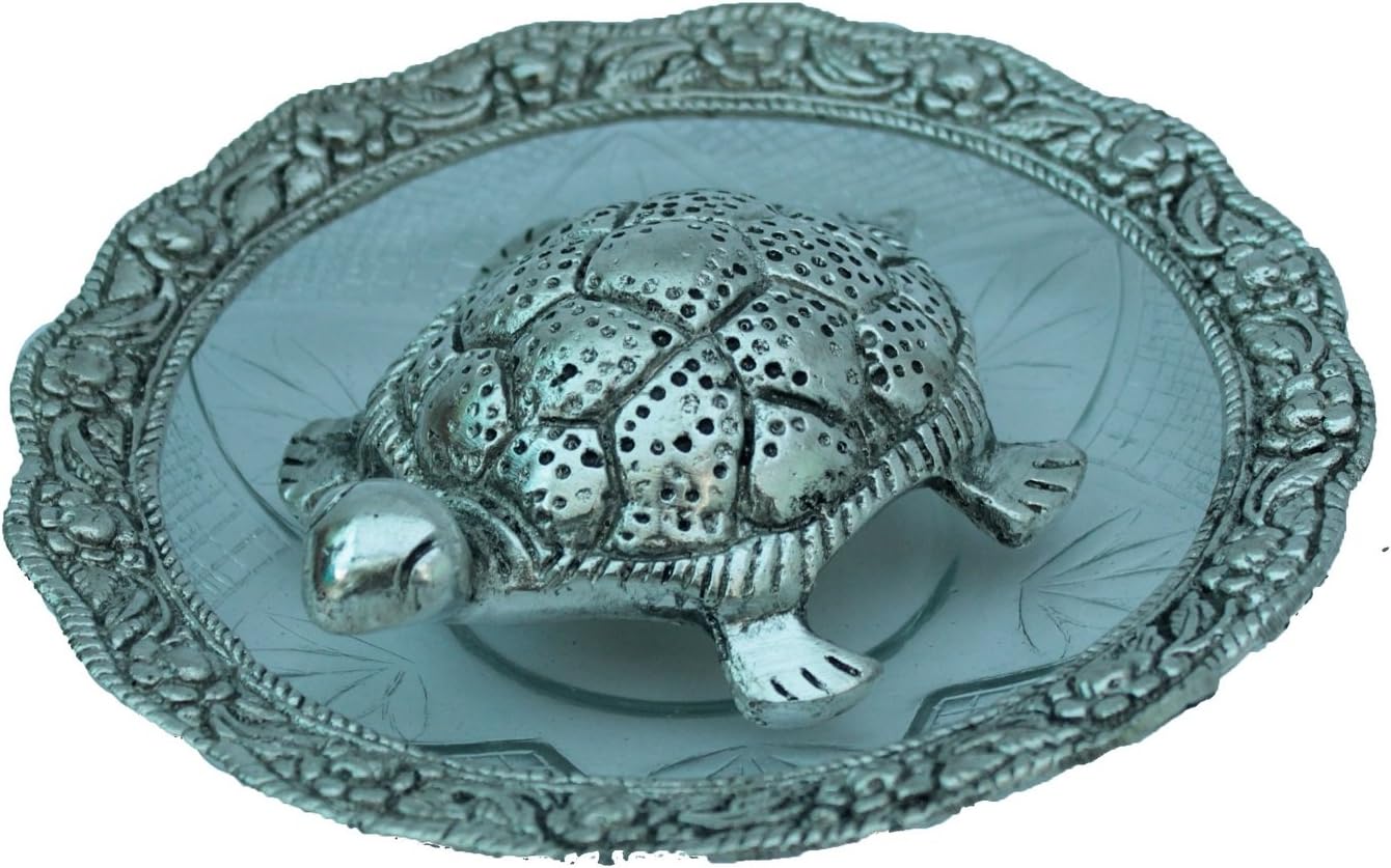 Crafticia Oxidized Metal Tortoise on Glass Plate For Good Luck Feng Shui Gift Item For Vastu Home Decor (6X6X1 Inch, Silver)
