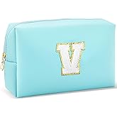 URSKYTOUS Gifts for Girls Initial Makeup Bag Personalized Cosmetic Bag with Zipper Cute Travel Toiletry Bag Waterproof PU Preppy Makeup Pouch Birthday Gift for Teen Girls Women(Blue V)