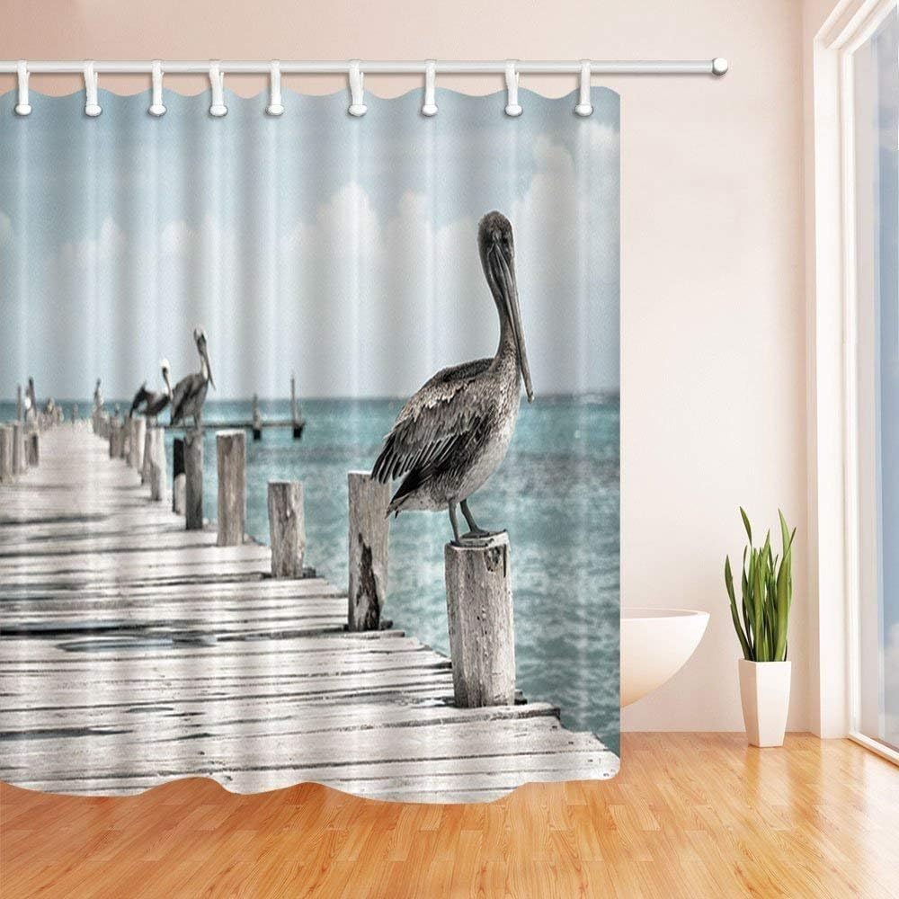 Amazon Com Ashasds Birds Decor Pelicans On Wood Of Bridge Over Sea Shower Curtains Polyester Fabric Bathroom Decorations Shower Curtain Hooks Included Extra Home Kitchen