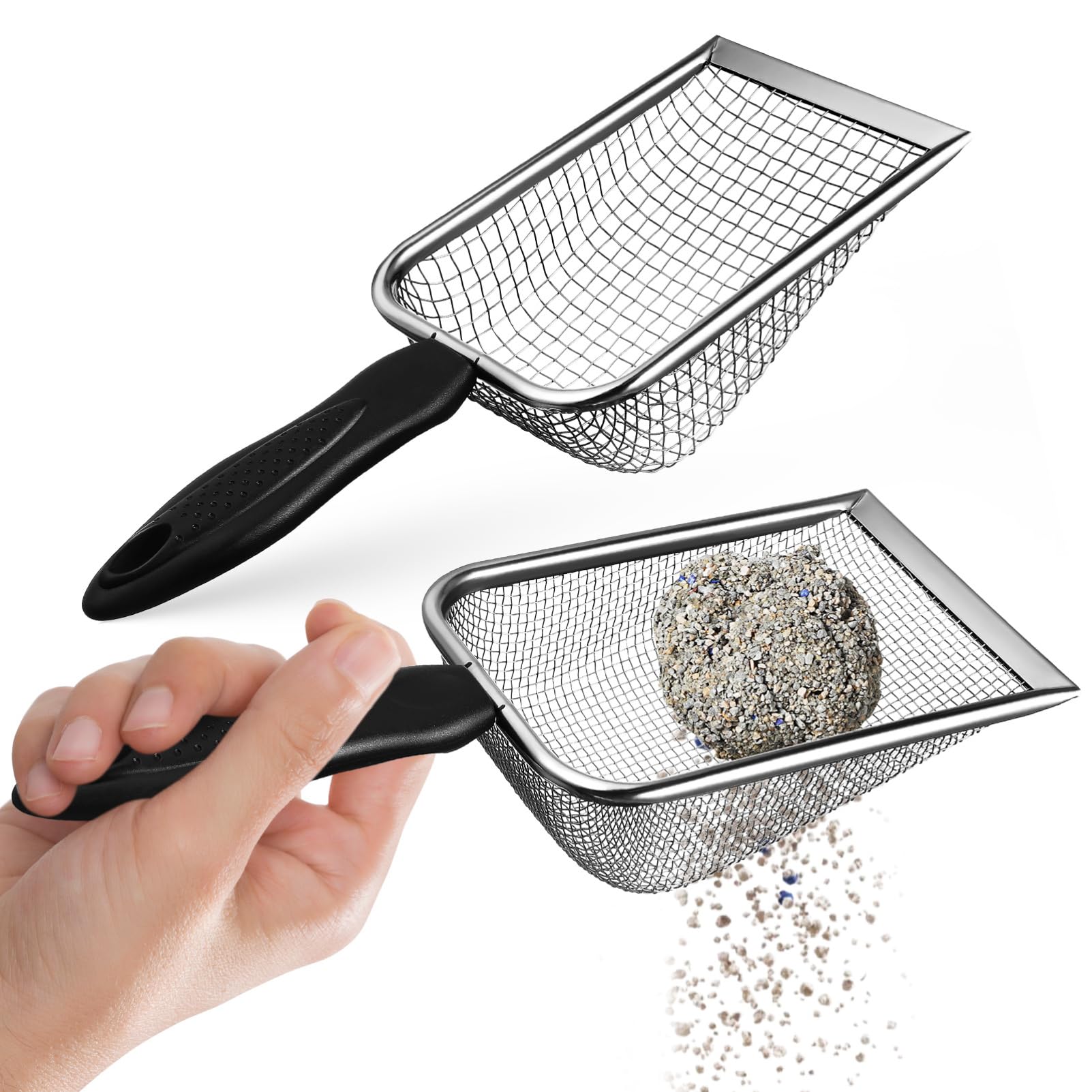 PartyKindom 2 Pcs Cat Litter Scoop: Metal Litter Scoop with Handle - Fine Mesh Fast Sifter Scooper for Clumping - Non Stick Cat Scooper for Box Easy Cleaning Tool Poop