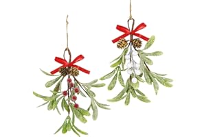 KUNJOCY Christmas Mistletoe Decorations Frosted Artificial Mistletoe Ornaments with Bows Berries Pine Cones Snowy Fake Hanging Kissing Plant Stems for Xmas Tree Picks Doorway Holiday Decor (2, Red White)