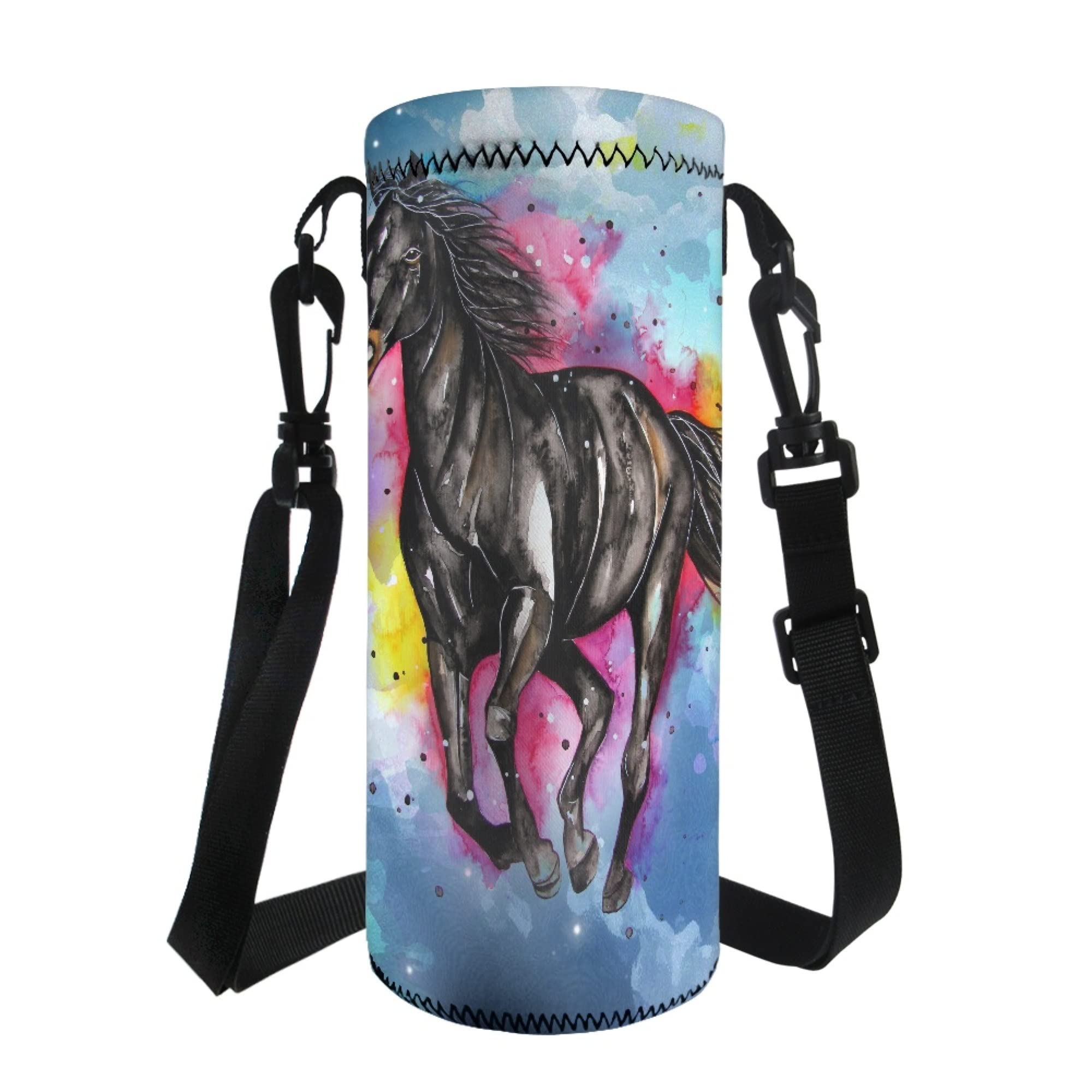 TOADDMOS Neoprene Water Bottle Carrier Holder with Adjustable Shoulder Straps Watercolor Horse Insulated Drawstring Bottle Pouch Cover