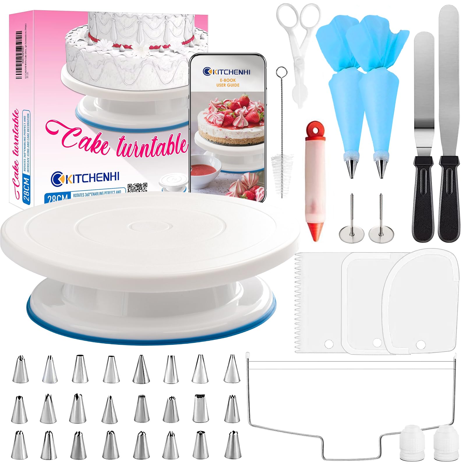 KITCHENHI 40 Pcs Cake Decorating Supplies Kit for Beginners,with 11 inch Plastic Revolving Cake Turntable and Disposable Pastry Bags/with Numbered Cake Decorating Tips Accessories etc.(White)